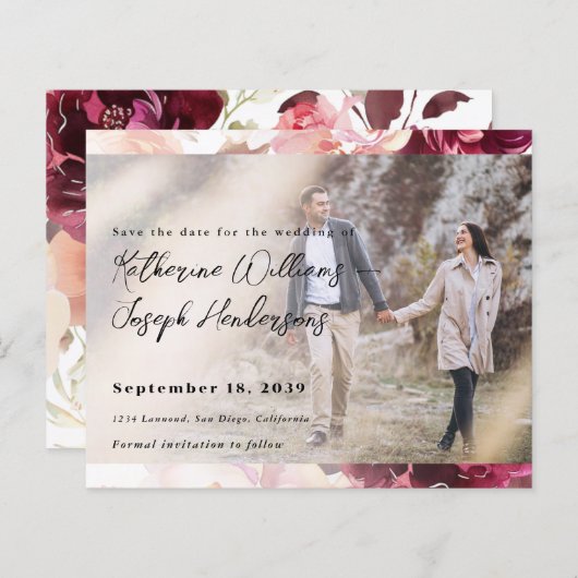 Bouquet Floral Burgundy Wedding Photo Save theDate (Voorkant / Achterkant)