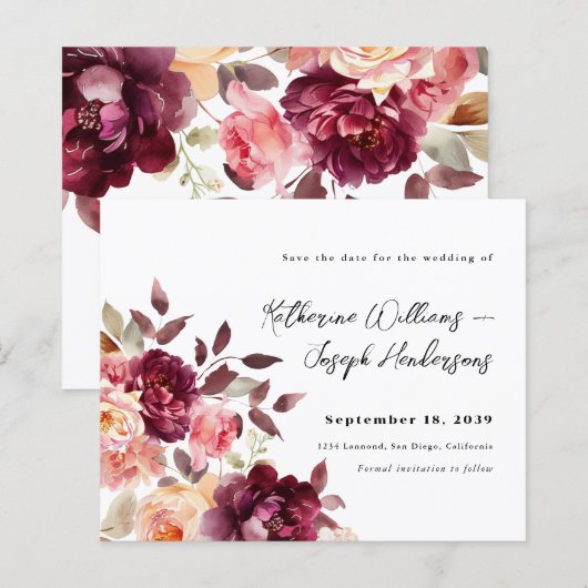 Bouquet Floral Burgundy Wedding Save the Date (Voorkant / Achterkant)