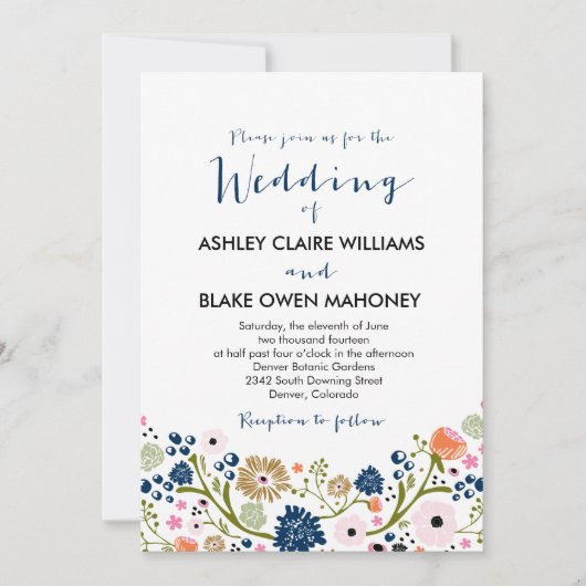  Bouquet Floral Wedding Invitation Navy Kaart (Voorkant)