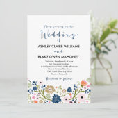  Bouquet Floral Wedding Invitation Navy Kaart (Staand voorkant)