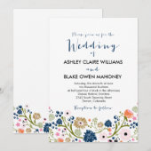  Bouquet Floral Wedding Invitation Navy Kaart (Voorkant / Achterkant)