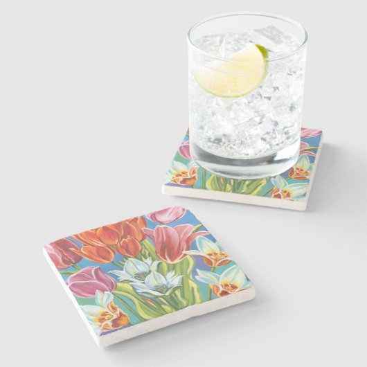 Bouquet in Border III Stenen Onderzetter (Zijkant)