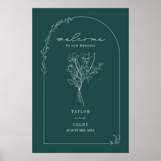 Bouquet Line Art Emerald Wedding Welcome Poster (Voorkant)