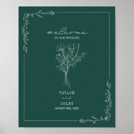 Bouquet Line Art Emerald Wedding Welcome Poster