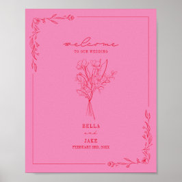 Bouquet Line Art Pink Red Weddenschap Welkom Poster