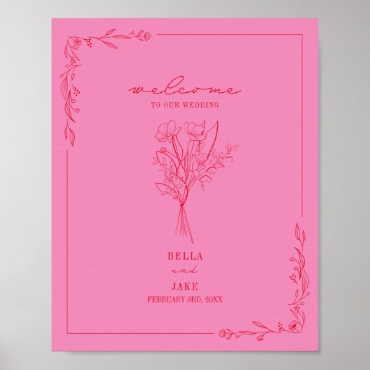 Bouquet Line Art Pink Red Weddenschap Welkom Poster (Voorkant)