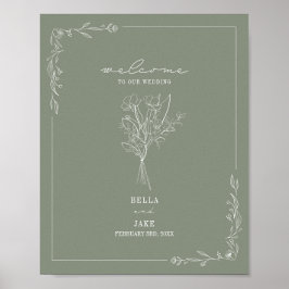 Bouquet Line Art Sage Green Wedding Welcome Poster