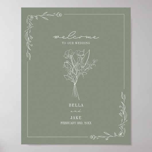 Bouquet Line Art Sage Green Wedding Welcome Poster (Voorkant)