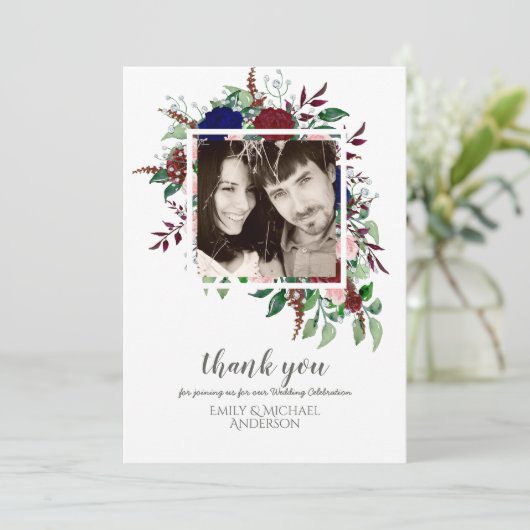 Bouquet Marsala Blue Pink Flowers DANK JE Kaart (Staand voorkant)