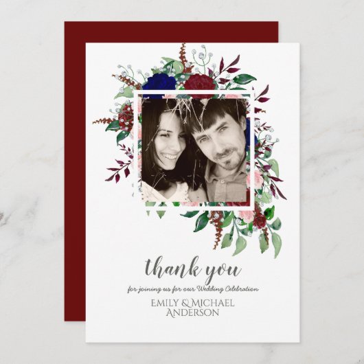 Bouquet Marsala Blue Pink Flowers DANK JE Kaart (Voorkant / Achterkant)