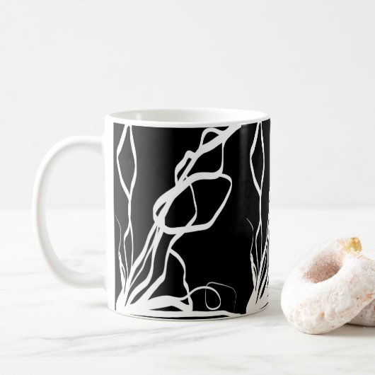 Bouquet Noir: Abstract Zwart & Wit Koffiemok (Met donut)