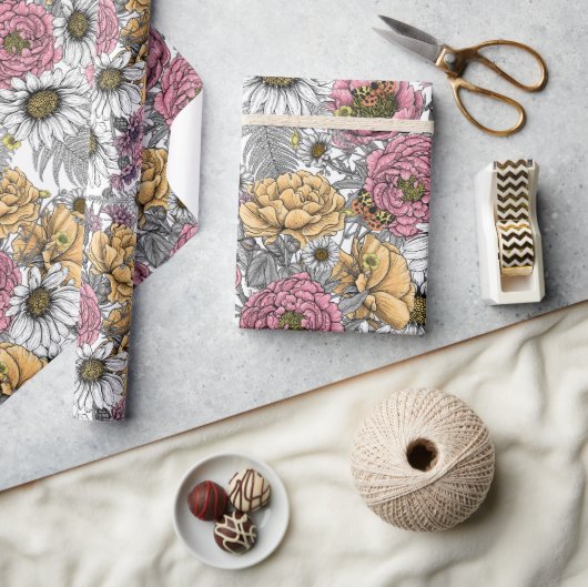 Bouquet of flowers- roses, peonies, daisien an fe cadeaupapier (Crafts)