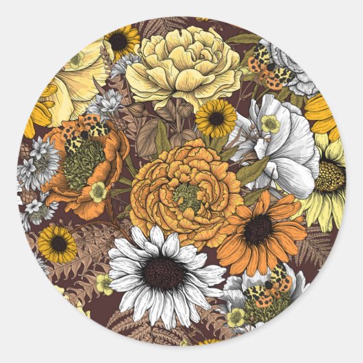 Bouquet of flowers- roses, peonies, daisien an fe ronde sticker (Voorkant)