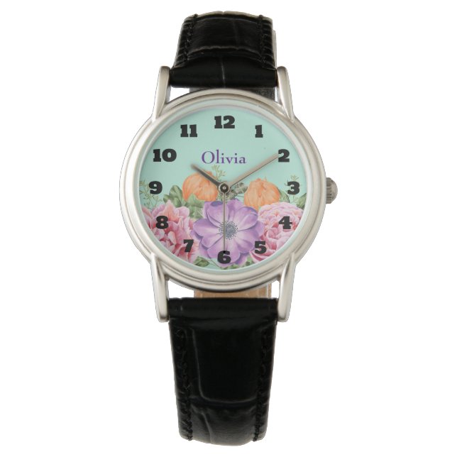 Bouquet of Waterverf Flowers Custom Name Horloge (Voorkant)