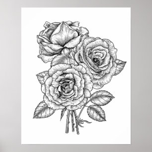 Bouquet rozen in zwart-wit poster