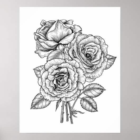 Bouquet rozen in zwart-wit poster (Voorkant)