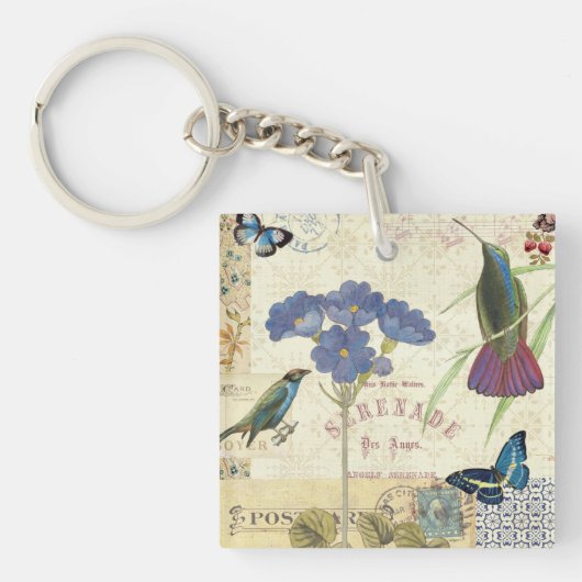 Bouquet van Bloemen, Vogels en Butterflies Sleutelhanger (Voorkant)