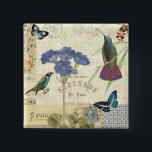 Bouquet van Bloemen, Vogels en Butterflies Vierkante Button 5,1 Cm<br><div class="desc">© Alain Pelletier / Wilde Apple.  Het afbeelding shows een  brok blauwe bloemen met vogels en vlinders. Een zegel,  een briefkaart,  sommige tekst,  en andere punten kunnen ook op het afbeelding worden gezien.</div>