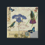 Bouquet van Bloemen, Vogels en Butterflies Vierkante Button 5,1 Cm<br><div class="desc">© Alain Pelletier / Wilde Apple.  Het afbeelding shows een  brok blauwe bloemen met vogels en vlinders. Een zegel,  een briefkaart,  sommige tekst,  en andere punten kunnen ook op het afbeelding worden gezien.</div>