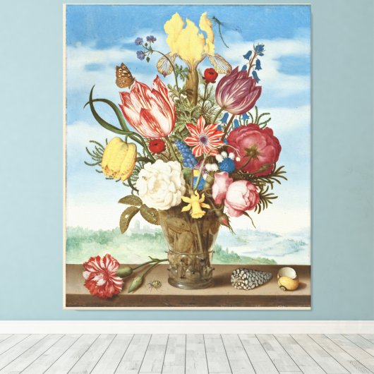 Bouquet van Flowers op een Ledge Canvas Afdruk (Insitu (Houten vloer))