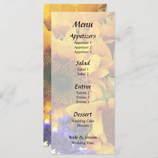 Bouquet van zonnebloemen en Paarse Statice Menu (Voorkant / Achterkant)