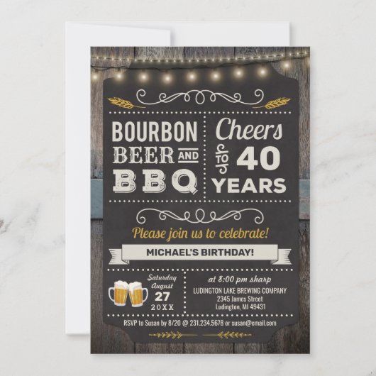 Bourbon Beer en BBQ 40th Birthday Invitation Kaart (Voorkant)