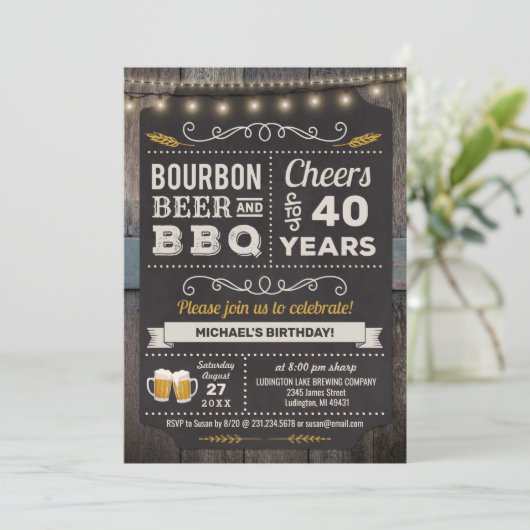 Bourbon Beer en BBQ 40th Birthday Invitation Kaart (Staand voorkant)