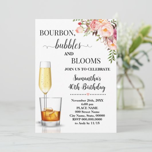 Bourbon, Bubbles & Blooms Volwassenen Verjaardag Kaart (Staand voorkant)