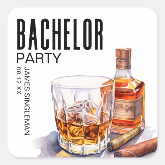 Bourbon en Sigaren Bachelorfeest Vierkante Sticker (Voorkant)