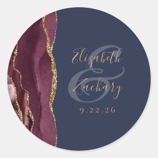 Bourgogne Agaat Navy Blue Gold Script Wedding Ronde Sticker (Voorkant)