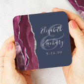 Bourgogne Agaat Script Zilver Navy Blauw Bruiloft Kartonnen Onderzetters