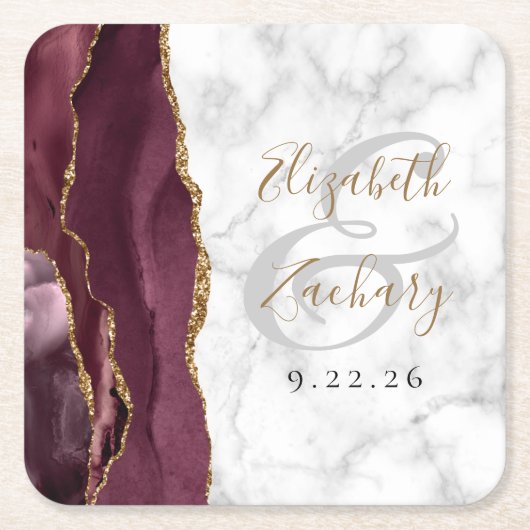 Bourgogne Agate Marble Gold Script Weddenschap Kartonnen Onderzetters (Voorkant)