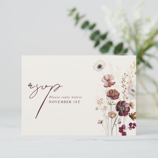 Bourgogne Anemone Bloemen Trouwmaaltijd RSVP (Staand voorkant)