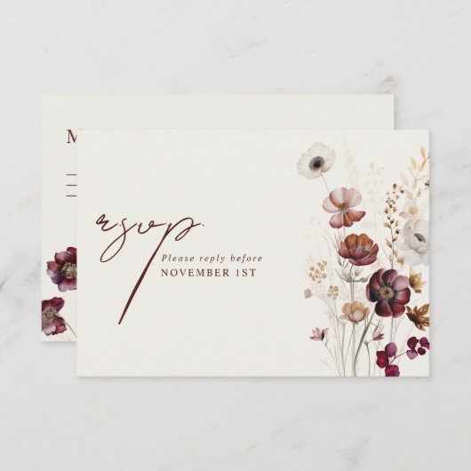 Bourgogne Anemone Bloemen Trouwmaaltijd RSVP (Voorkant / Achterkant)