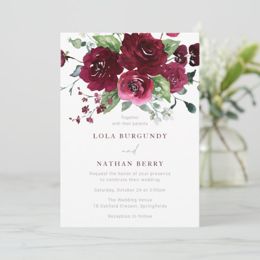 Bourgogne Aquarel Rozen Bruiloft Kaart (Staand voorkant)