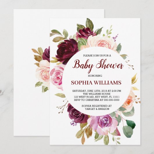 Bourgogne Baby shower Invitation Kaart (Voorkant / Achterkant)