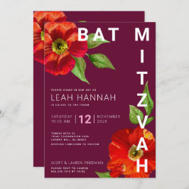 Bourgogne Bat Mitzvah Bloemen Waterverf Modern Kaart