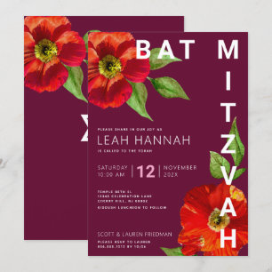 Bourgogne Bat Mitzvah Bloemen Waterverf Modern Kaart