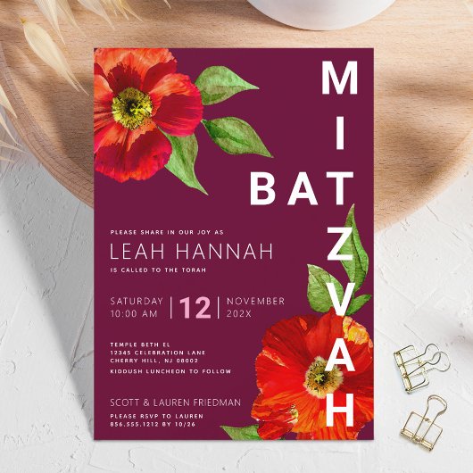 Bourgogne Bat Mitzvah Bloemen Waterverf Modern Kaart