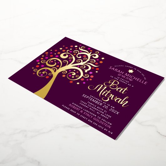 Bourgogne Bat Mitzvah Boom van het Leven Script Ec Folie Uitnodiging (Gedraaid)