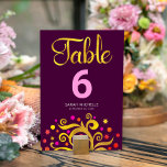 Bourgogne Bat Mitzvah Gouden Folie Boom van het Le Kaart<br><div class="desc">Geen Bat Mitzvah feest is compleet zonder gepersonaliseerde tafelnummerkaarten. Laat je favoriete Bat Mitzvah trots zijn, juich haar toe en vier haar mijlpaal op haar perfect gecoördineerde feest. Deze verfijnde, chique, verbluffende, abstracte, grafisch faux gouden folie met fonkelend roze, sinaasappel en rode davidster en stip "bladeren" en roze tafelnummer bedekken...</div>