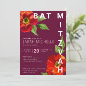 Bourgogne Bat Mitzvah Moderne Bloemen Waterverf Kaart (Staand voorkant)