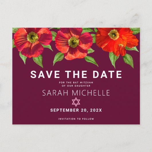 Bourgogne Bat Mitzvah Save Date Floral Waterverf Uitnodiging Briefkaart (Voorkant)