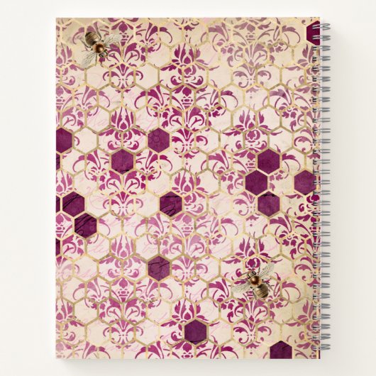 Bourgogne Bee Damask Girly Chic Moderne Naam Notitieboek (Achterkant)