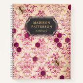 Bourgogne Bee Damask Girly Chic Moderne Naam Notitieboek (Voorkant)