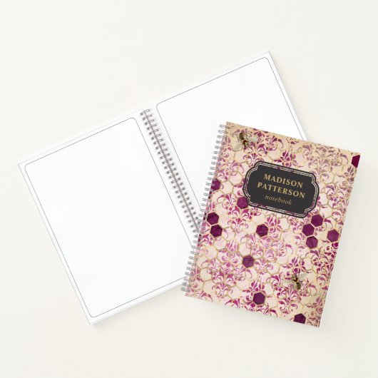 Bourgogne Bee Damask Girly Chic Moderne Naam Notitieboek (Binnen)
