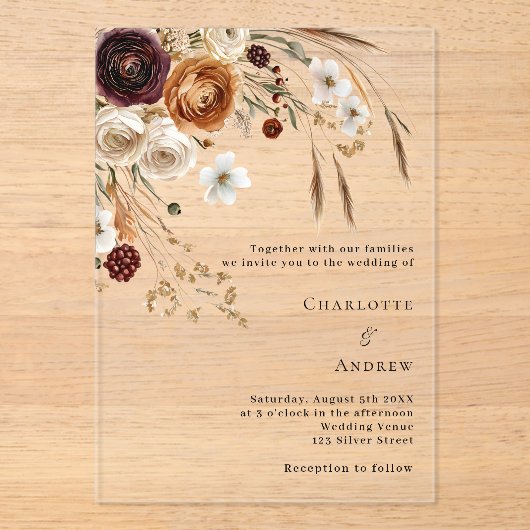 Bourgogne beige pampas bloemen duidelijke bruiloft acryl uitnodigingen (Voorkant)