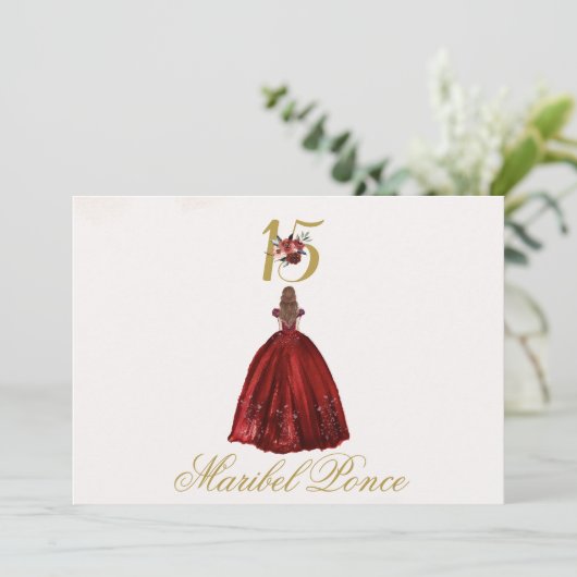 Bourgogne beige Quinceañera uitnodiging in het Spa (Staand voorkant)