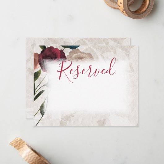 Bourgogne & Beige Rozen Bruiloft Escort Gereservee Notitiekaartje (Voorkant / Achterkant in situ)