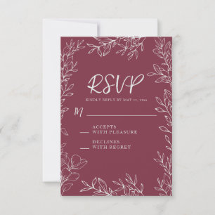 Bourgogne Berry Botanical Line Art Wedding RSVP Kaartje
